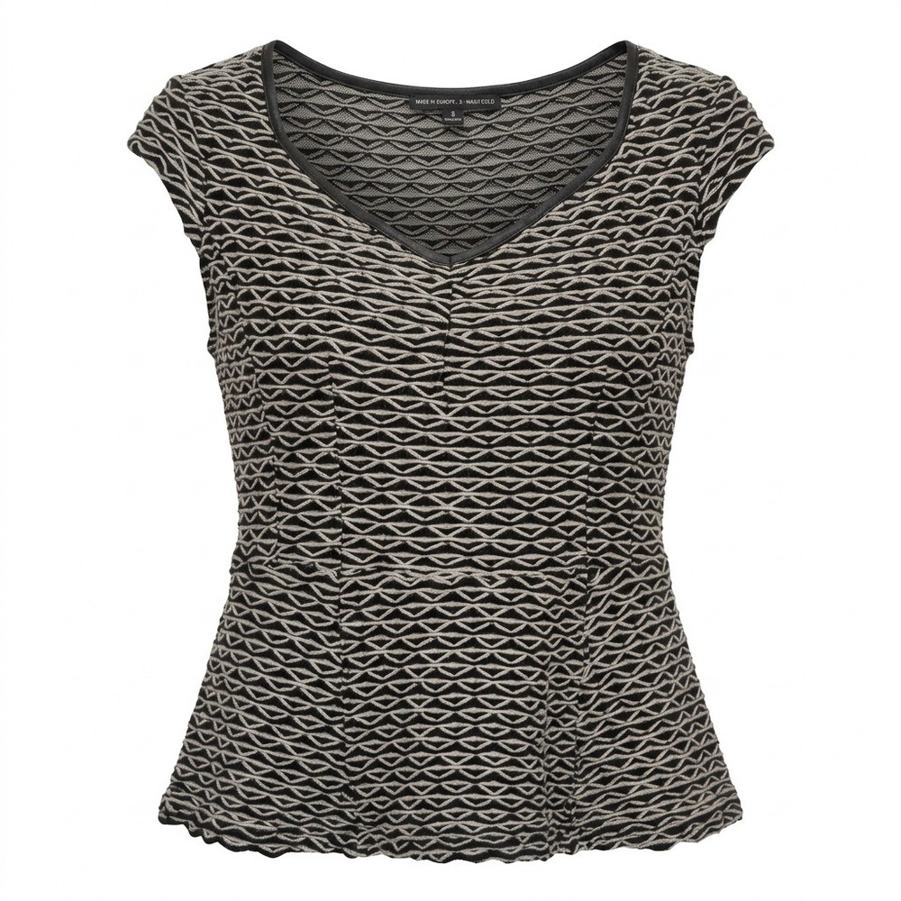 Romy Womens Black White Popcorn Knit Peplum Top V-Neck Cap Sleeve Blouse Large